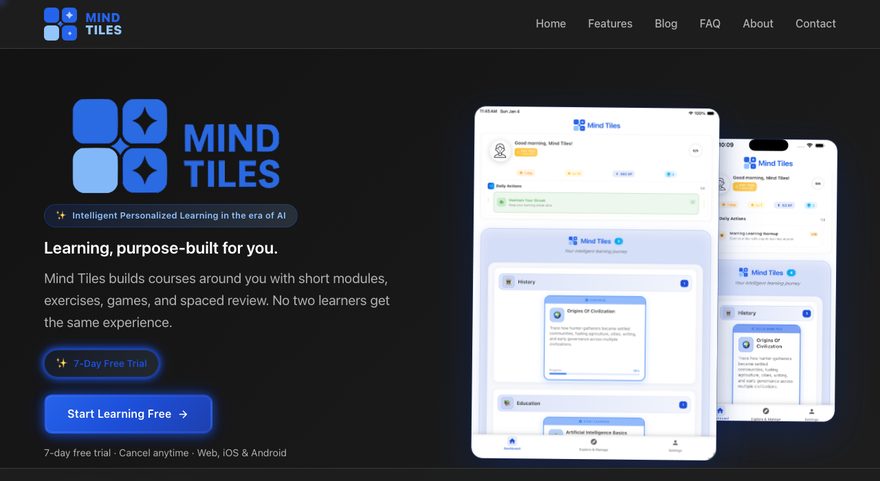 Mind Tiles — adaptive learning app on web and mobile